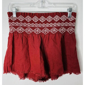 Indigo Rein Linen Blend Shorts Sz M Red Elastic Waist Embroidered Pleated Women